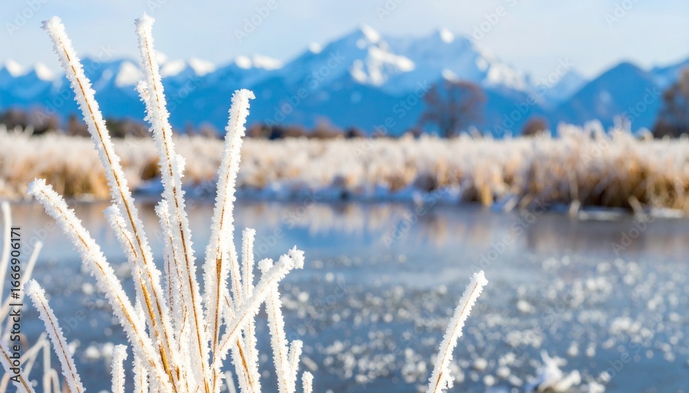 Fototapeta premium Generated image Close Up of White Reeds in a Frozen Wetland with Snowy Mountains in Background