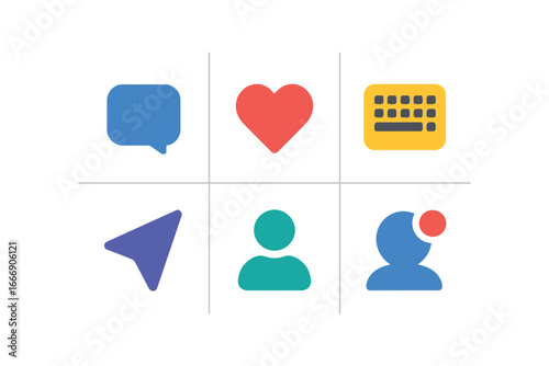 vector colorful filled icons dating app match (first message): message bubble heart dot keyboard icon send arrow profile pic notification dot.
