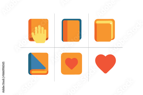 vector colorful filled icons photo album together (closing album): hand close album edge shadow smear glow rim page corner heart dot.