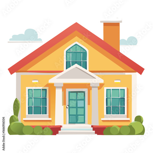 Illustration of cozy residential home with front yard landscaping, red roof and yellow walls