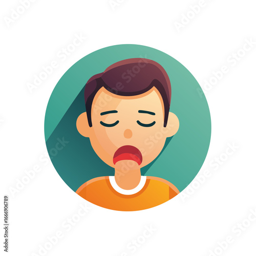Illustration of Sleepy Person with Closed Eyes Yawning in Circle Flat Design