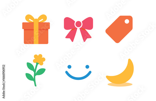 vector colorful filled icons making up after fight (gift offering): wrapped box ribbon bow tag outline flower sprig smile line shadow cast.