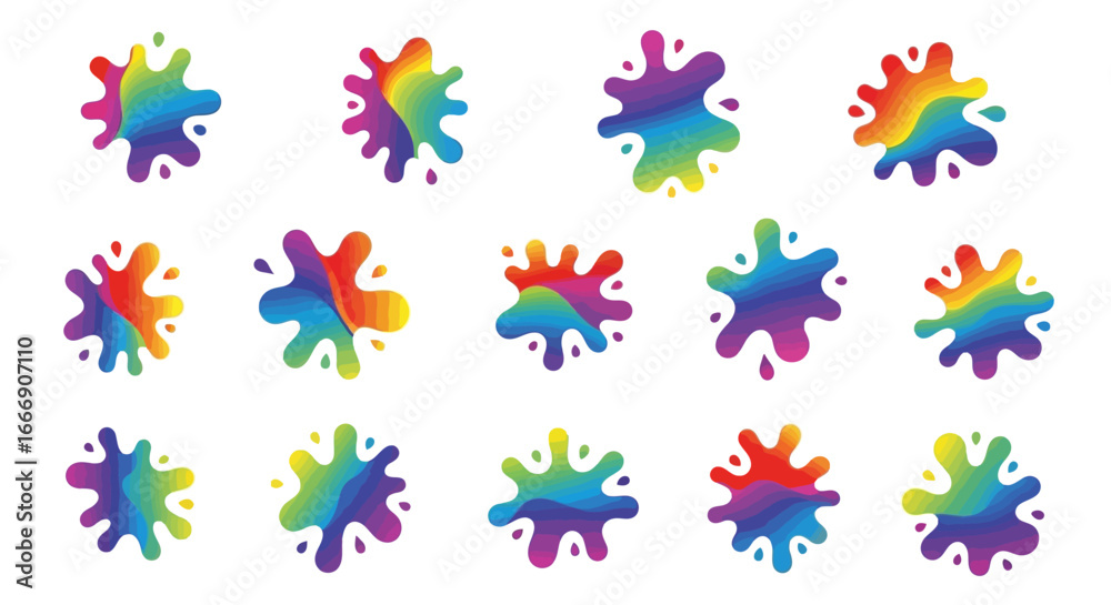 Obraz premium A collection of fifteen vibrant, rainbow-colored paint splatters and ink blots with a smooth gradient effect, isolated on a white background.