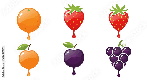Set of six juicy fruits with dripping juice.