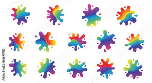 A collection of fifteen vibrant, rainbow-colored paint splatters and ink blots with a smooth gradient effect, isolated on a white background.