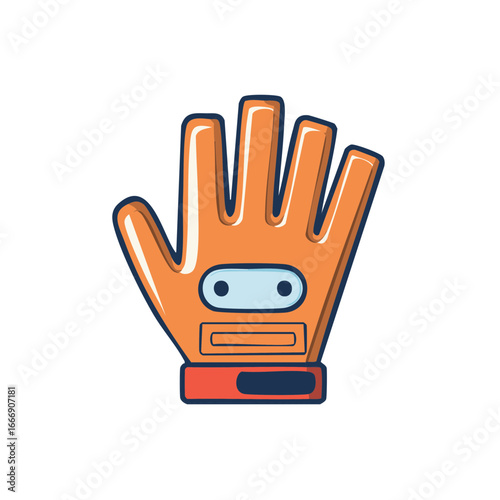 Orange robotic glove with a vintage style design. Futuristic technology protective wear with buttons and a screen area.