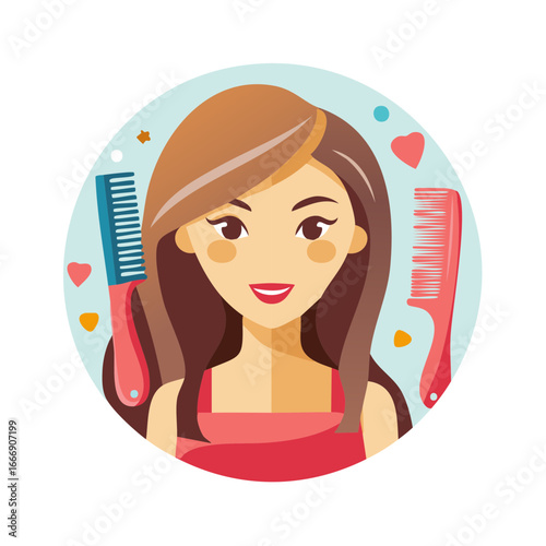 Woman with hair combs, beauty and hair care illustration, modern graphic design, wellness, and hair styling