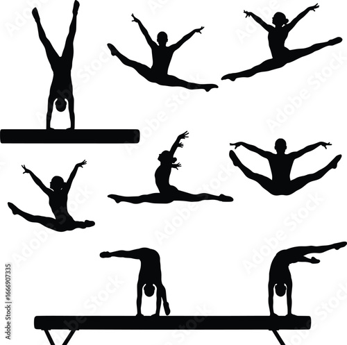 Gymnastics silhouettes performing balance beam, handstands, leaps, splits, athletic moves, flexibility, strength, gymnastic poses, artistic gymnastics, sports, fitness, training, body control, coordin