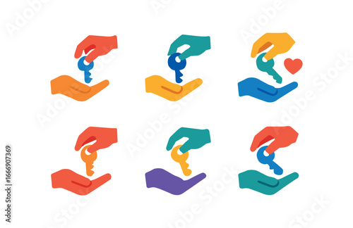 vector colorful filled icons shared apartment key (key handover): two hands key icon gesture line heart dot shadow smear light rim.
