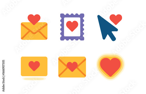 vector colorful filled icons love at distance (email hearts): email icon heart stamp cursor arrow envelope flap shadow smear glow rim.