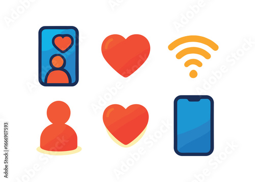 vector colorful filled icons love at distance (video call): phone screen heart bubble wifi wave profile dot shadow smear glow rim.