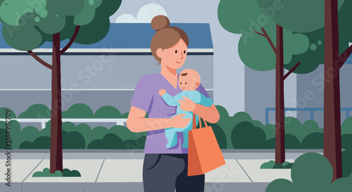 Mother Carrying Baby Outdoors in Urban Park Holding Orange Bag on Walk 