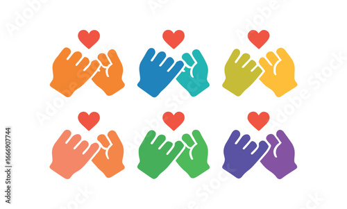 vector colorful filled icons holding pinkies (finger interlock): pinky curl finger line knuckle crease heart curve shadow drop skin texture.