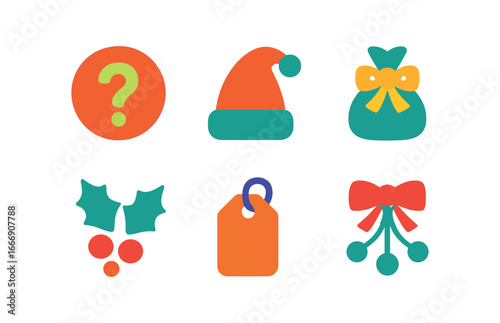 vector colorful filled icons gift exchange (secret santa): question mark stocking cap gift bag holly sprig name tag mistletoe bow.