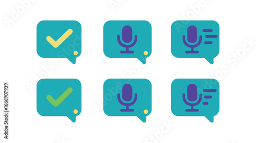 vector colorful filled icons sending voice message (sent status): check marks mic icon chat bubble shadow motion line background dot.
