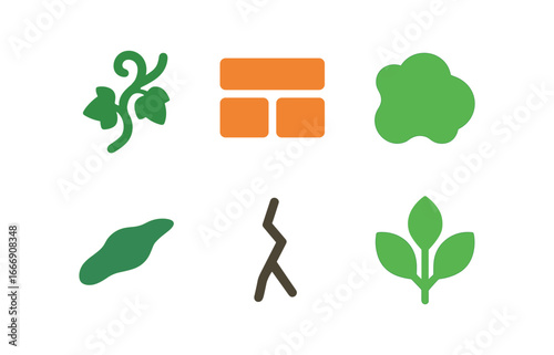 vector colorful filled icons ivy covered wall (mossy brick): ivy tendril brick outline moss patch shadow groove crack line leaf cluster.