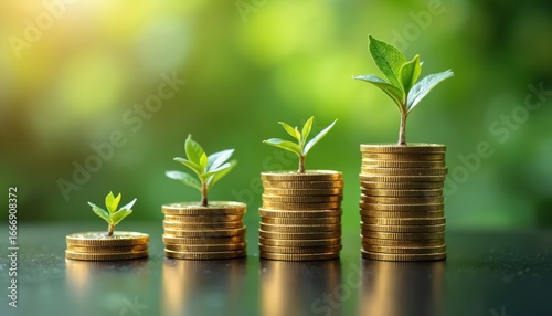 Stacks of gold coins with small green plants growing from, arranged in increasing size from left to right. Image financial growth, investment, concept of money growing over time. Represents profit,