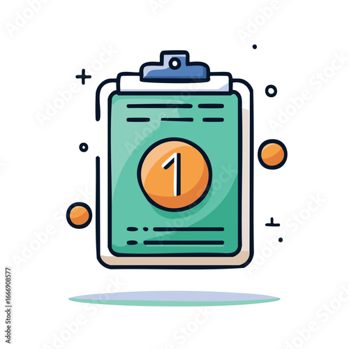 Cartoonish clipboard displays the number one and scattered circles plus and minus signs, whimsical