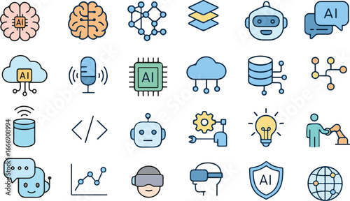 Artificial Intelligence Line Icons Set AI, Neural Network, Machine Learning, Programming, Robotics, Technology Vector Pack