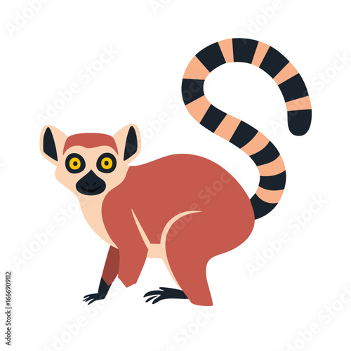 Cute Lemur Illustration with Striped Tail on White, Madagascar wildlife vector art