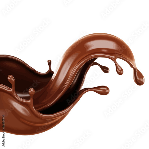 Close-up of a dynamic splash of rich, dark chocolate liquid against white background.