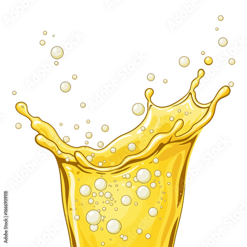 A vibrant yellow drink splashing out of a glass.