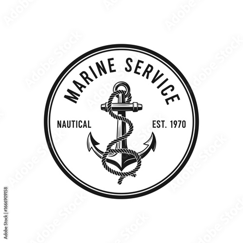 Nautical Anchor Logo Design with Vintage Style Vector Illustration for Marine Service and Established 1970 Branding