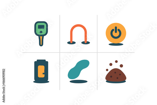 vector colorful filled icons compost thermometer (digital display): LCD panel probe wire button icon battery slot shadow smear compost dot.