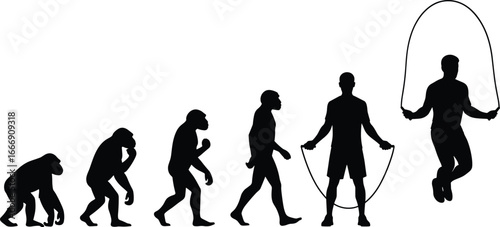 Human evolution silhouette, progression from ape to modern man, fitness, jump rope exercise, healthy lifestyle, workout, development, transformation, vector illustration