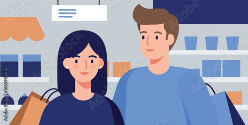 Young Couple Shopping Together in Store Carrying Bags and Smiling Cheerfully 