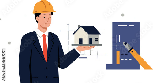 Architect holding house model with blueprint and pencil for construction project planning vector 