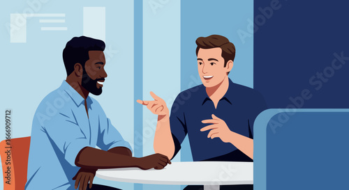 Two men having conversation in office meeting room discussing ideas vector illustration 
