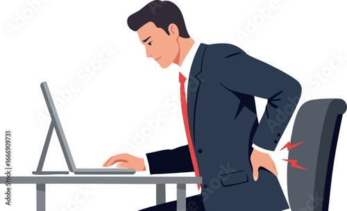 Man experiencing back pain while working at computer desk in office setting vector illustration 