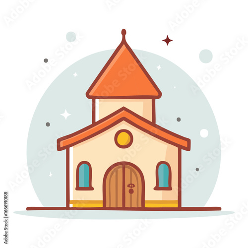 Cartoon illustration featuring a charming church building with an orange roof and wooden doors, surrounded by whimsical star accents.