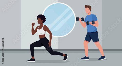Woman doing lunges and man lifting dumbbells in gym workout vector illustration 