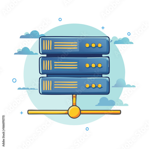 Data Servers Stack Connectivity in Cloud Illustration Depicts Computing System Network Hosting and Information Processing with Cartoon Style
