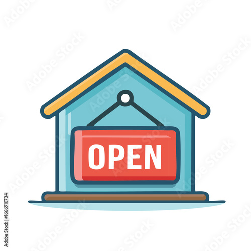 Cartoon Building Front Featuring a Red Open Sign Cute Minimalist Icon