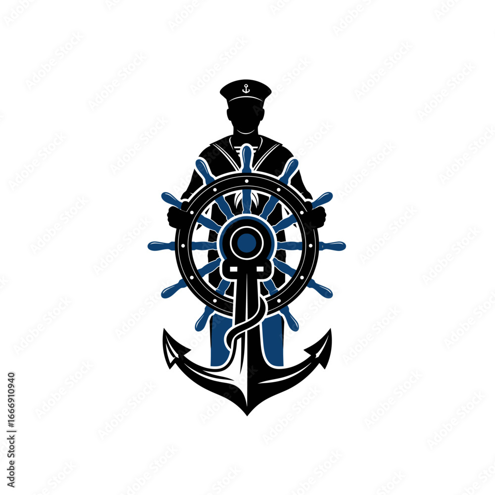 Obraz premium Nautical Sailor Logo: A Silhouette of a Sailor Holding a Ship's Wheel with an Anchor, Symbolizing Adventure, Leadership, and Sea Travel.
