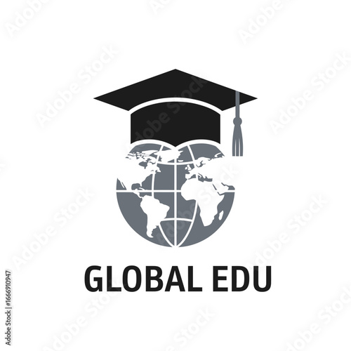Global Education Logo: A Modern Design of a Graduation Cap on a World Map, Symbolizing Worldwide Learning and Academic Excellence.