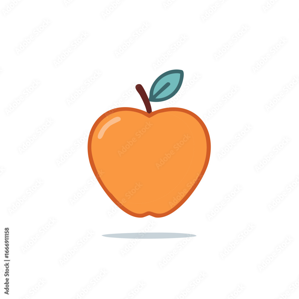 Fototapeta premium Stylized tangerine color apple with brown stem and teal leaf in playful cartoon design