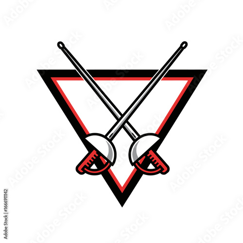 Fencing Logo Design with Crossed Swords in Triangle Emblem Vector Illustration for Sport, Competition, and Club Branding