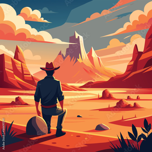A stylized illustration portrays a cowboy, seen from behind, gazing at a breathtaking desert vista at sunset.