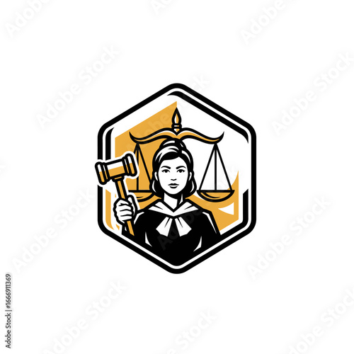 Legal Authority Logo: A Strong Design Featuring a Female Judge with a Gavel and Scales of Justice, Symbolizing Fairness and Legal Authority.