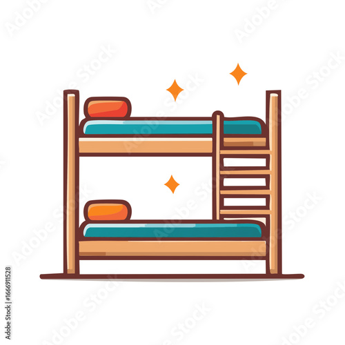 Stacked Bunk Bed Cartoon Illustration with Cushions, Wooden Ladder, and Sparkling Effects