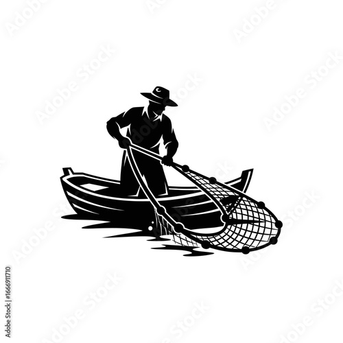 Fisherman Silhouette Logo: A Stylized Design of a Fisherman Pulling a Net, Symbolizing Hard Work, Tradition, and Abundance.