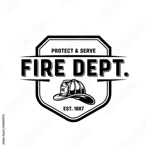 Vintage Fire Department Logo: A Classic Badge and Helmet Design with the Motto 'Protect & Serve'.