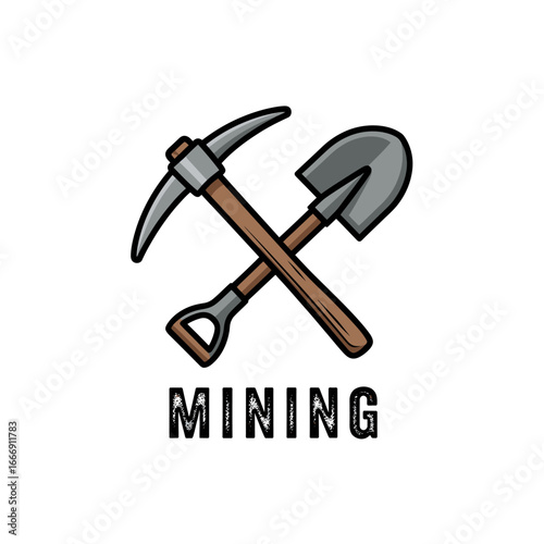 Mining Tools Logo: A Design of a Crossed Pickaxe and Shovel, Symbolizing Mining, Digging, and Exploration.