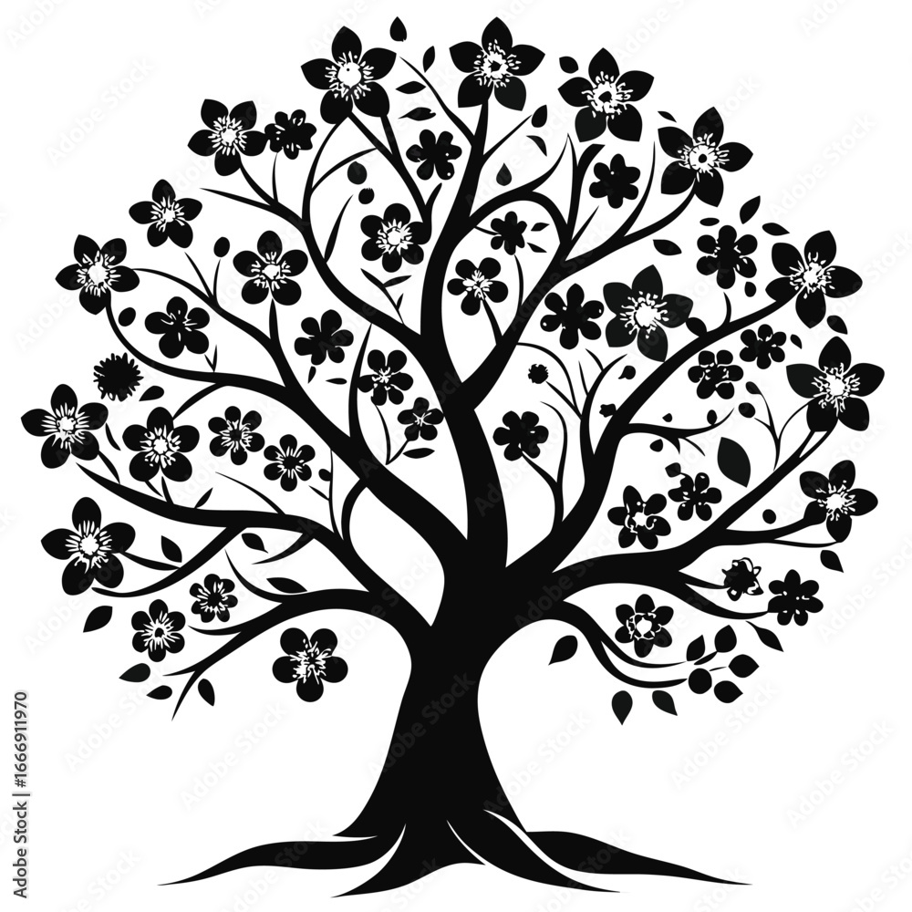 Obraz premium Silhouette Tree with Flowers, Branches, and Leaves Illustration for Art and Design Projects