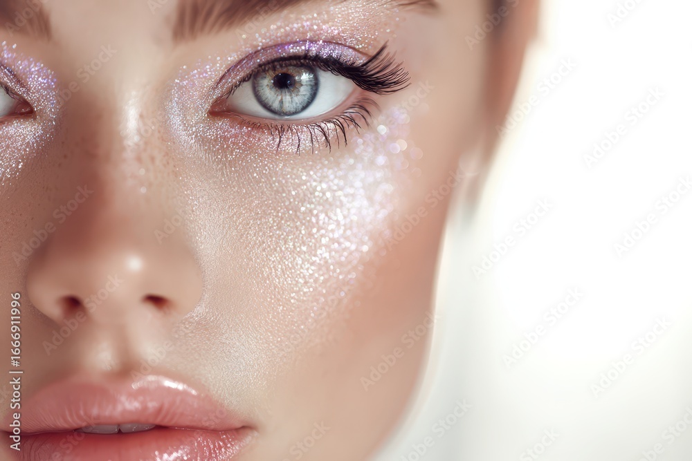 Obraz premium Close-up shot capturing a radiant female face adorned with sparkling makeup, highlighting the blue eyes and glossy lips for a glamorous and elegant aesthetic.