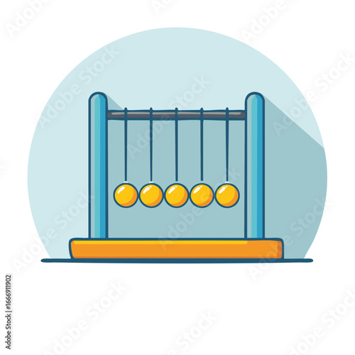 Stylized Newton's Cradle illustration featuring oscillating spheres, physics demonstration, balance motion, impact, and science principles in minimalist design.